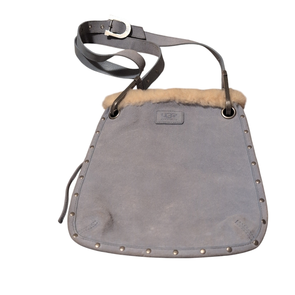 UGG Australia Kalie Messenger Bag Blue Leather Shearling Trim Studded Crossbody